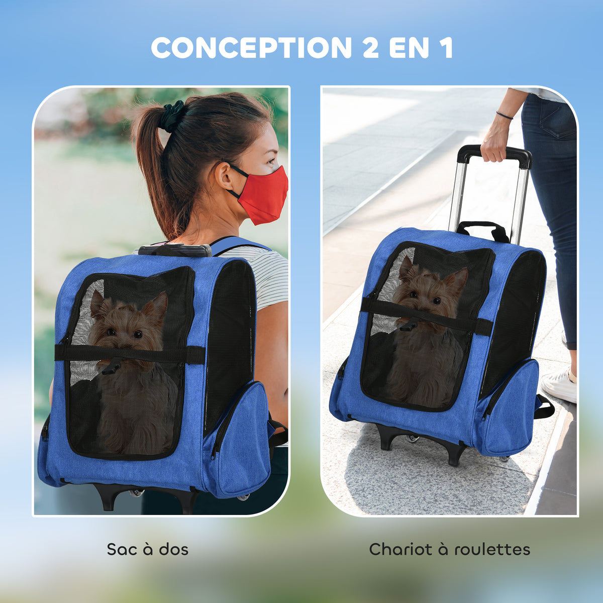 2-in-1-Hundetransporttasche mit Rollen, Trolley, Wagen und Rucksack für Hund und Katze mit Teleskopgriff, Aufbewahrungsfächern, Belüftungsöffnungen und Sicherheitsgurt, 42 x 25 x 55 cm, blau