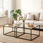 Lot de 2 tables basses gigognes, table de salon avec plateau en verre trempé et structure en métal, noir