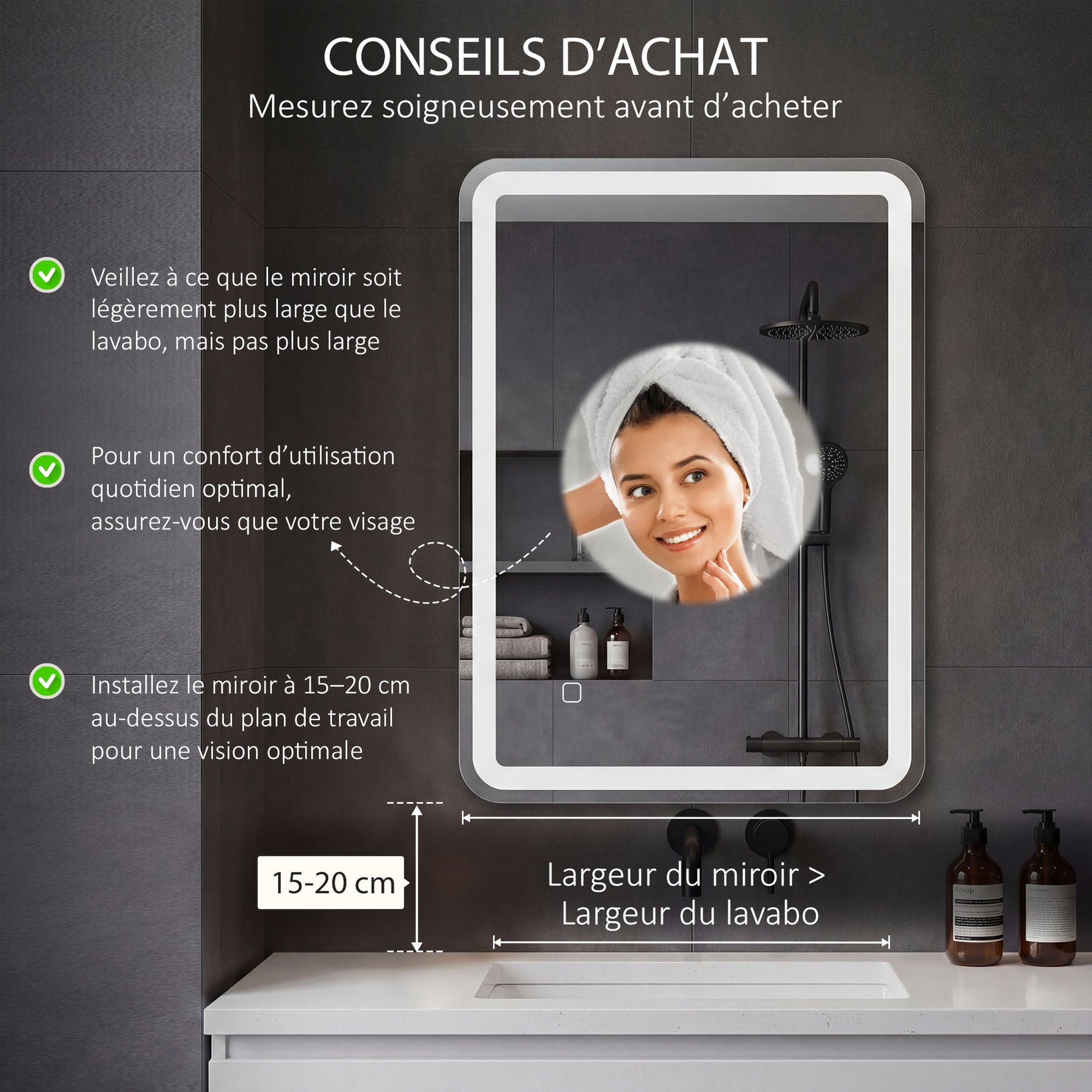 Miroir de salle de bain rectangulaire LED fonction anti-buée luminosité réglable fonction mémoire 70 x 50 cm argent