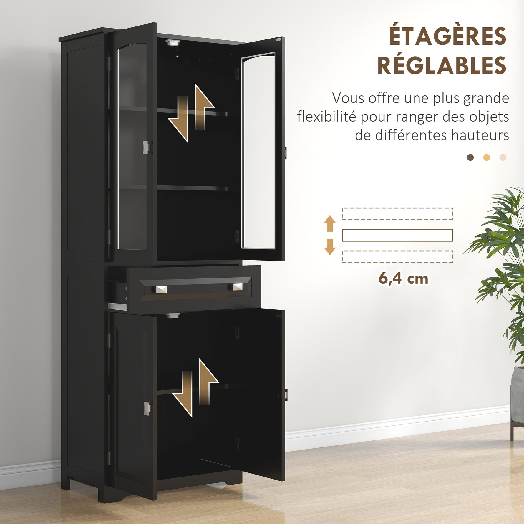 Buffet haut armoire de cuisine 4 portes dont 2 portes vitrées et 1 tiroir hauteur 160 cm avec étagères en bois noir