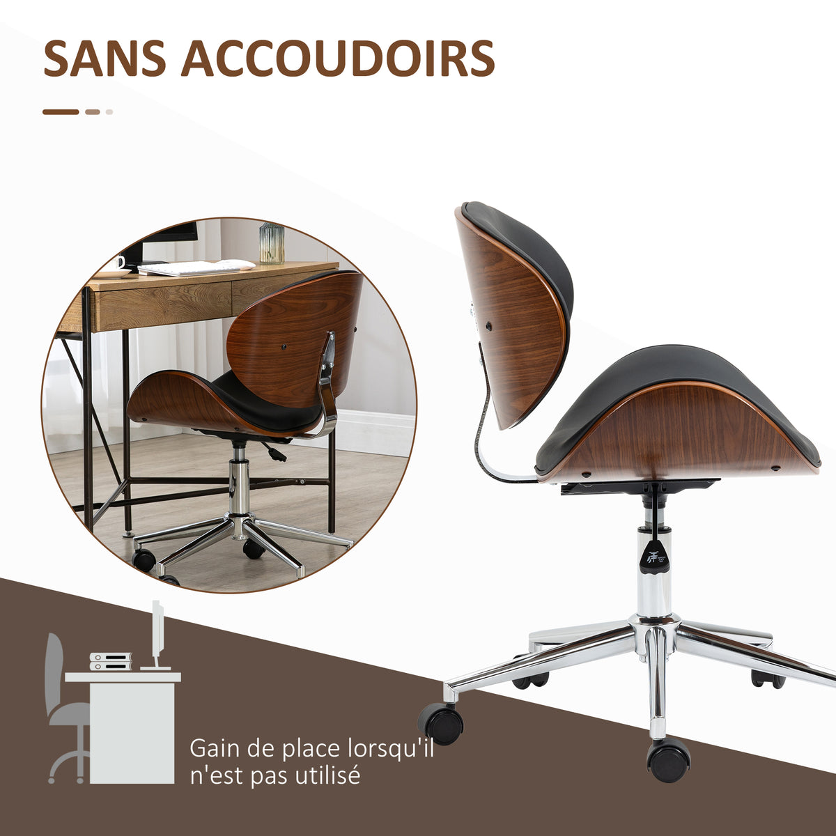 Chaise de bureau design vintage hauteur réglable pivotant 360° bois peuplier revêtement synthétique 53 x 53 x 77-87 cm