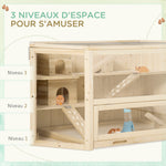 Cage à hamster à 3 niveaux bascules, fenêtres, cabanes, plateau coulissant, 115 x 60 x 55 cm, effet bois naturel
