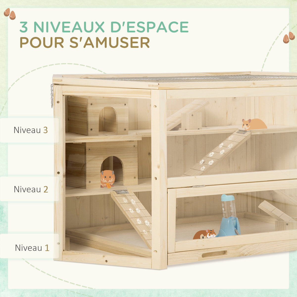 Cage à hamster à 3 niveaux bascules, fenêtres, cabanes, plateau coulissant, 115 x 60 x 55 cm, effet bois naturel