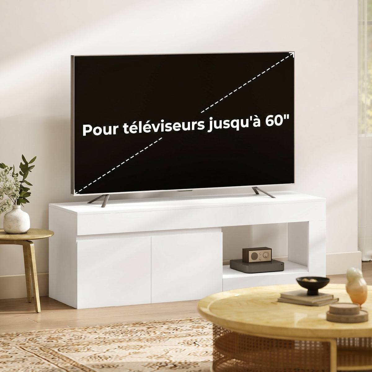 Meuble TV 2 portes pour téléviseurs jusqu'à 60 pouces, meuble télé avec placard et étagère ouverte, blanc