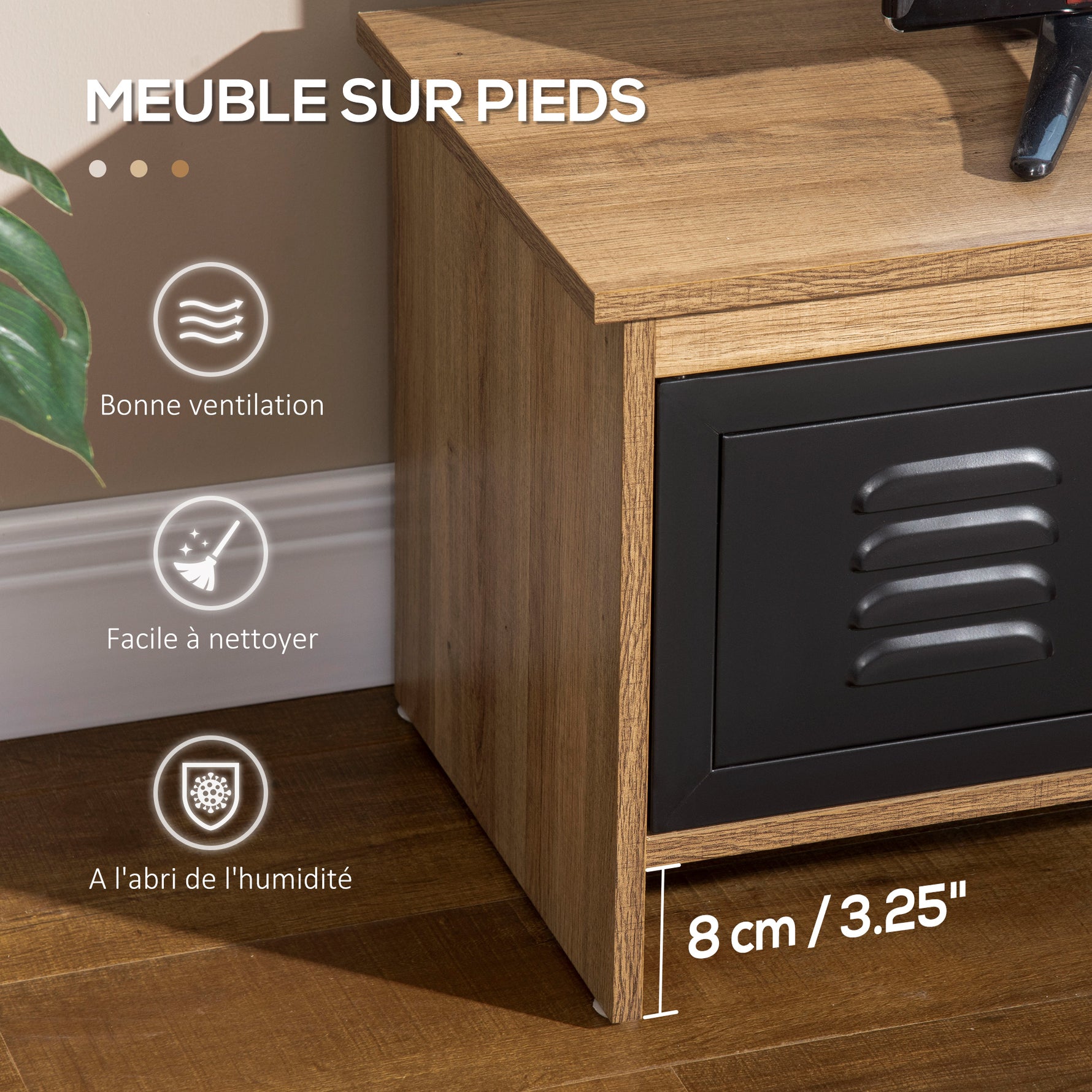 Meuble TV Banc TV 110 cm Design Industriel, avec 2 placards, 2 niches, 2 Passe-Fils, Aspect Bois veinage Portes métal Noir
