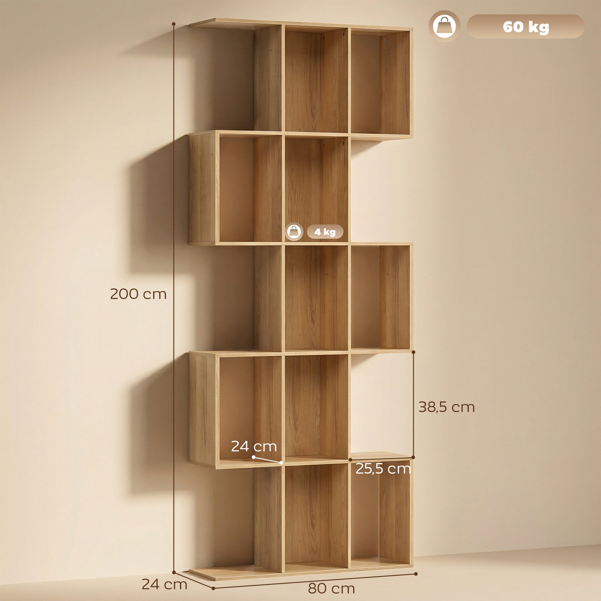 Libreria a 5 livelli, scaffale a forma di S con 15 scomparti a giorno, 80 x 24 x 200 cm, quercia