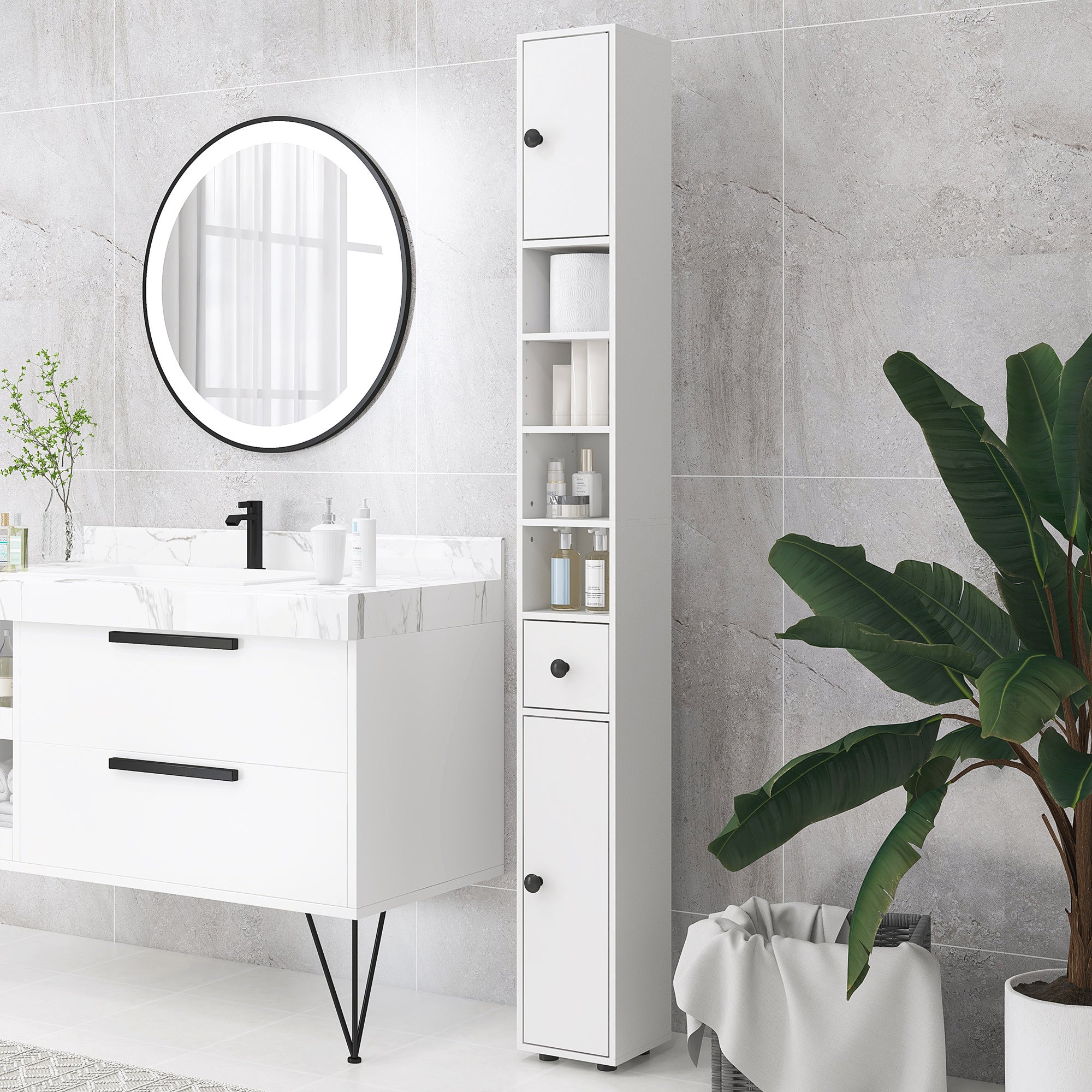 Colonna armadio alta da bagno con 1 cassetto, 4 ripiani regolabili e 2 ante, 20 x 20 x 180 cm, bianca