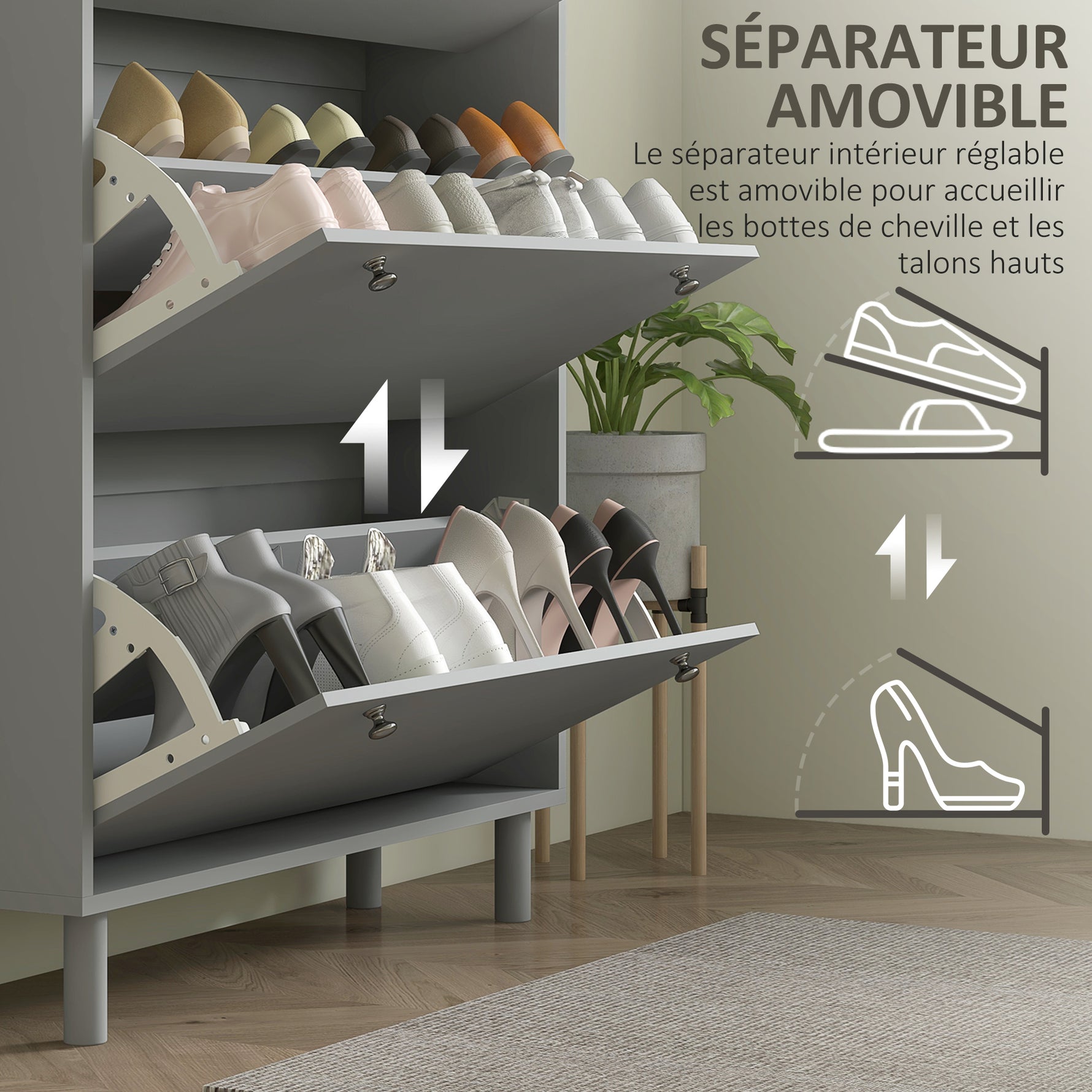 Meuble à chaussures 24 paires avec 3 tiroirs rabattables et étagères réglables, 80x23,5x121cm, gris