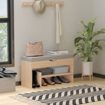 Scarpiera a panca con 2 ripiani, vano a giorno + contenitore integrato con cuscino beige grigio