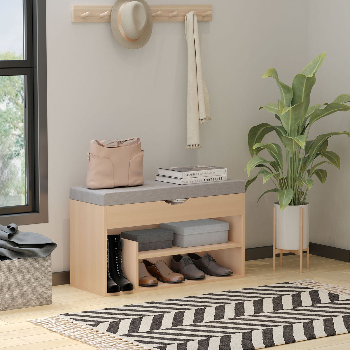 Scarpiera a panca con 2 ripiani, vano a giorno + contenitore integrato con cuscino beige grigio