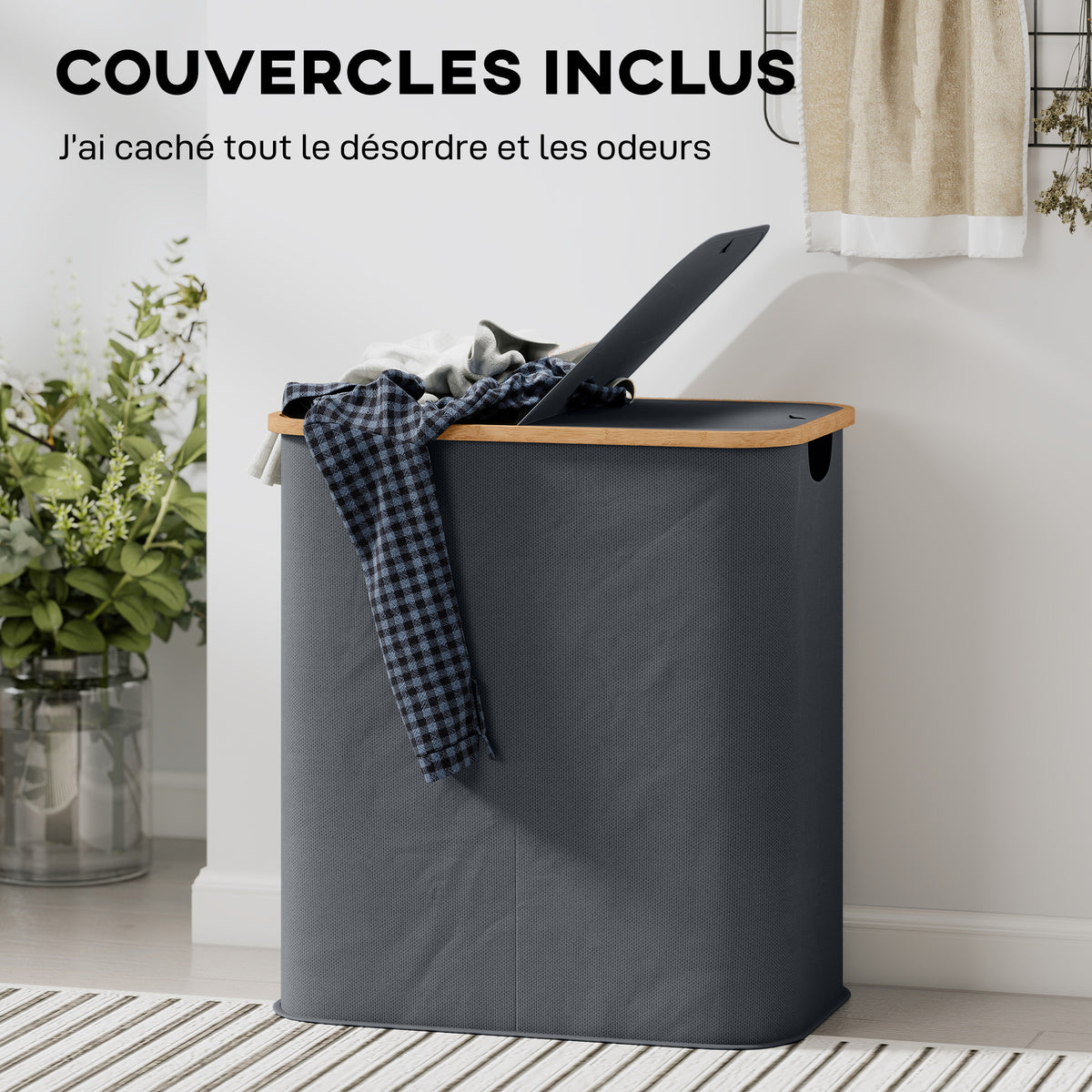 Panier à linge double pliable 80 L corbeille à linge sale avec couvercle, poignées rainurées, gris