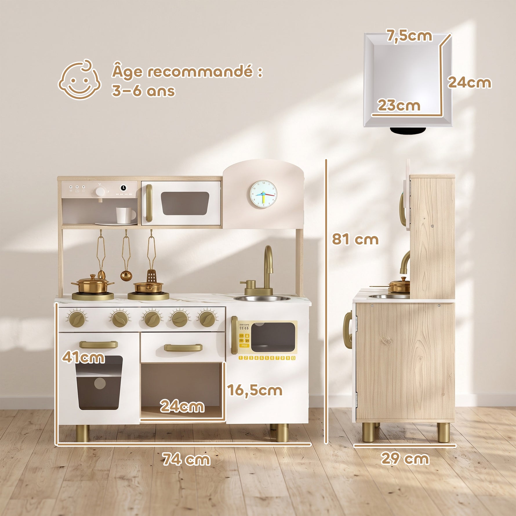 Cuisine Enfant en Bois, Dinette Cuisine Enfant avec Ustensiles en Acier Inoxydable, pour 3 à 6 Ans, 74x29x81cm, Blanc