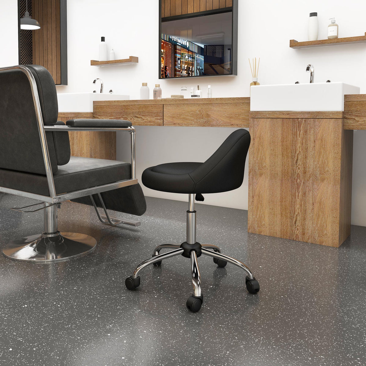 Sgabello con rotelle, sgabello da lavoro girevole a 360°, altezza regolabile 53-73 cm, rivestimento sintetico nero
