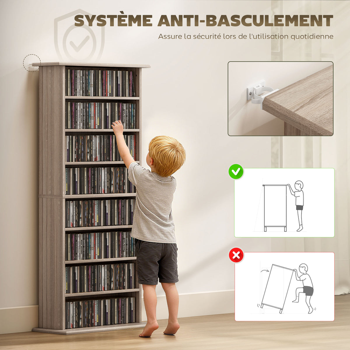 Rangements pour CD et DVD avec 8 compartiments et 6 étagères réglables, capacité max. 360 CD/185 DVD et Blu-ray, naturel
