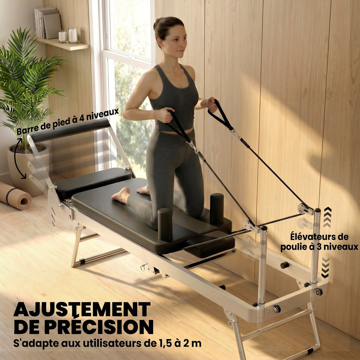 Máquina Reformer de Pilates Plegable Sistema Híbrido 4 Resortes & 5 Cuerdas Silencioso Acero 195 x 56 x 88 cm Blanco