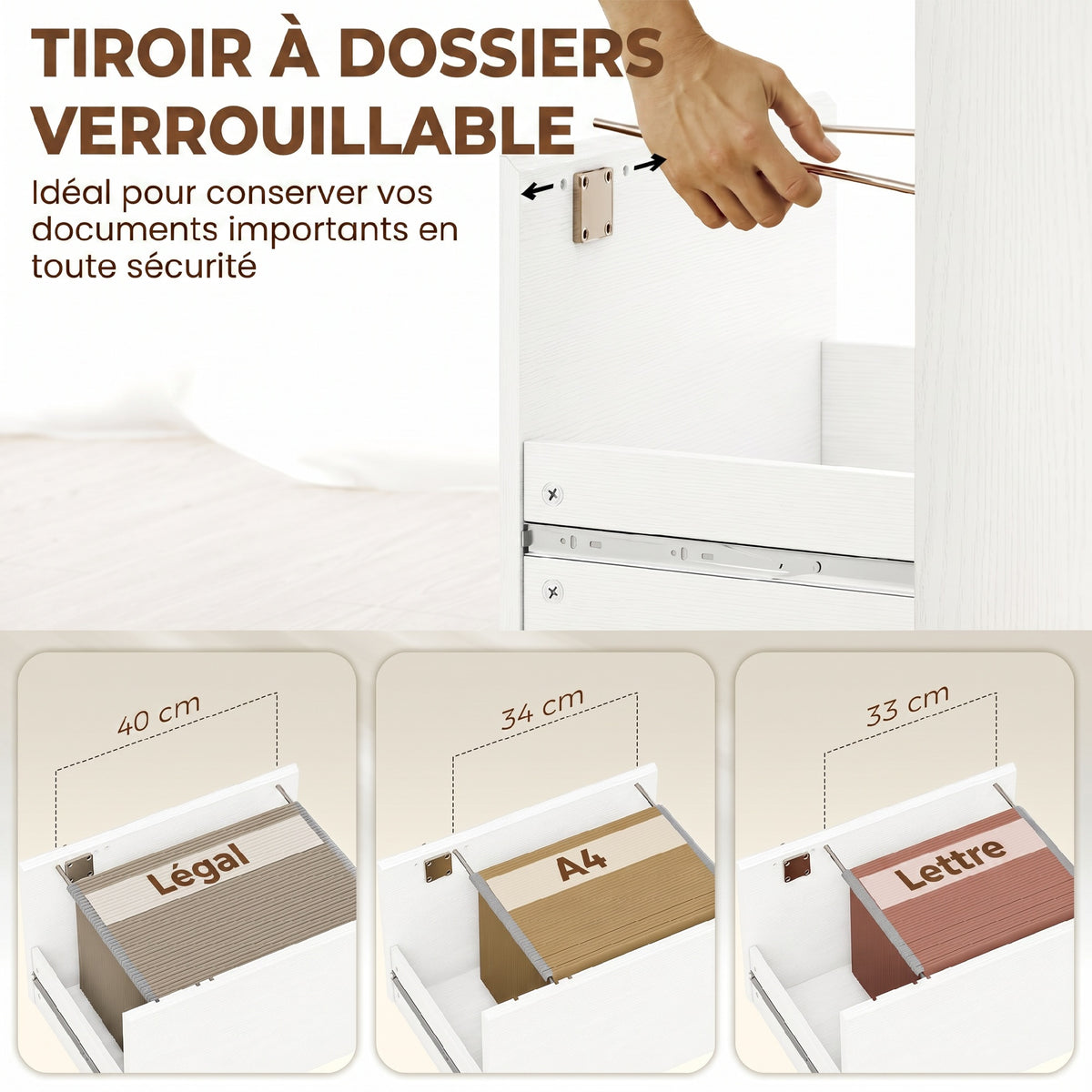 Scrivania con libreria a 4 scomparti e cassetto con serratura, 126 x 50 x 109 cm, venatura del legno bianca