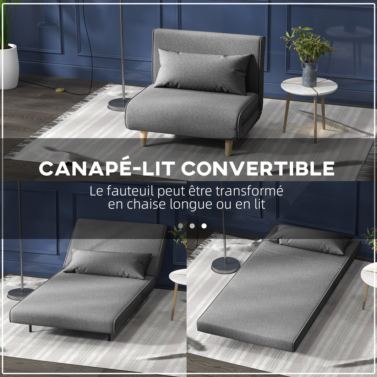 Fauteuil convertible 1 place, fauteuil-lit chauffeuse 3 en 1, dossier réglable, oreiller, tissu en lin, 94x78x80cm, gris