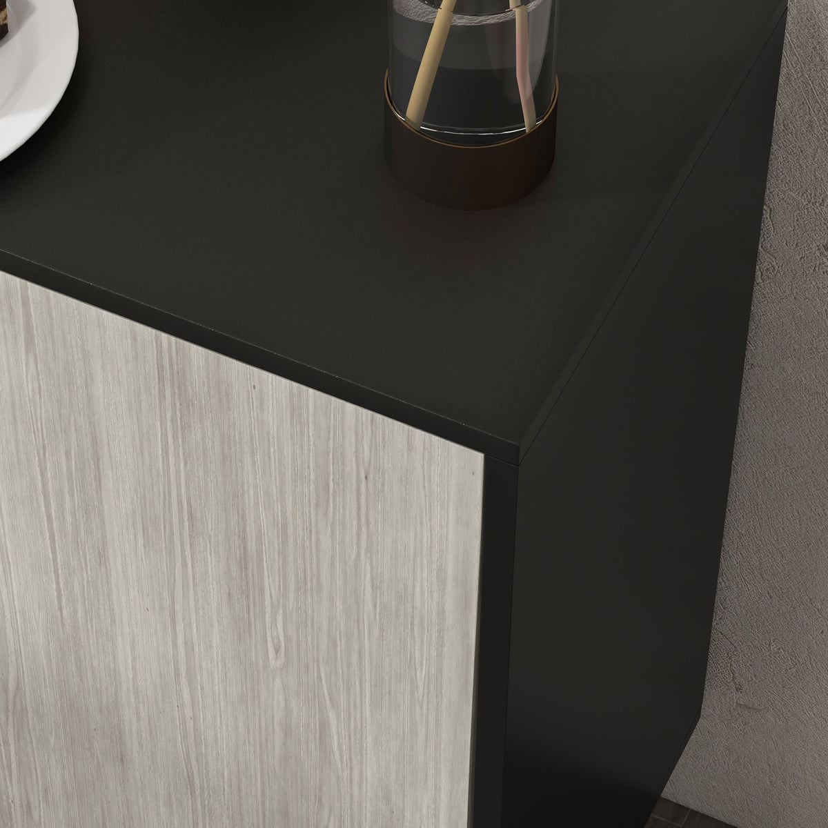 Buffet de cuisine meuble de rangement 2 placards avec étagères réglables, 121 x 37 x 75 cm, noir et aspect bois gris