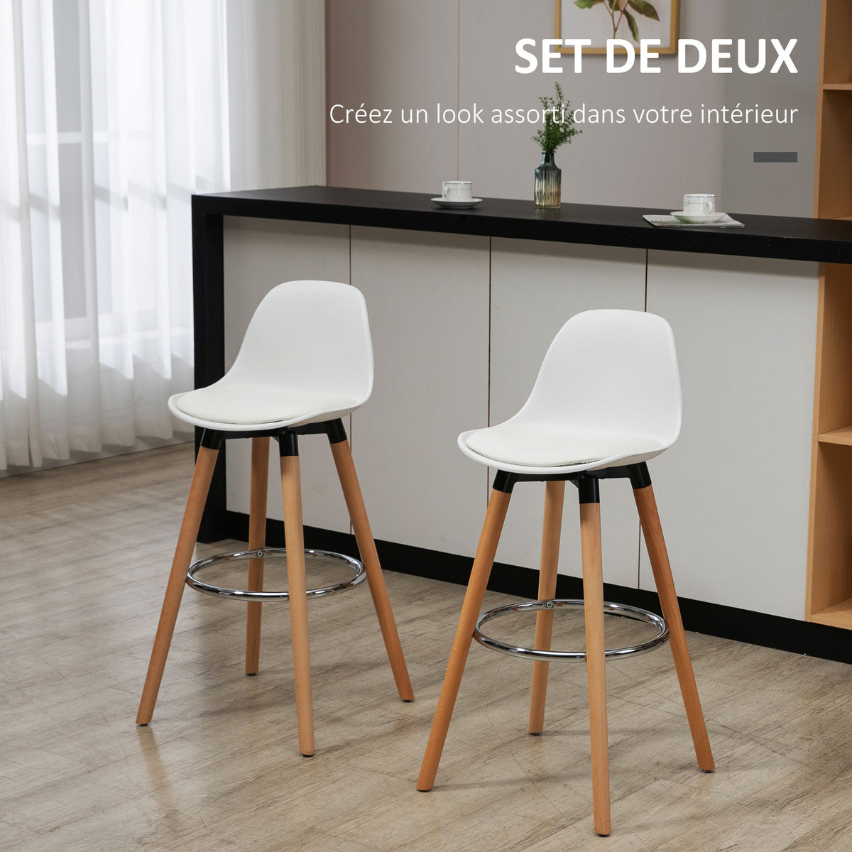 Lot de 2 tabourets de bar, chaises de bar en PU avec dossier et repose-pieds, assise rembourrée 69 cm, pieds en bois, style moderne, tabourets hauts pour cuisine, salle à manger, salon, blanc