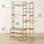 Bamboe halmeubel, kapstok, bank, gestoffeerde zitting, 10 haken, kledingroede, 104x33x175cm, naturel