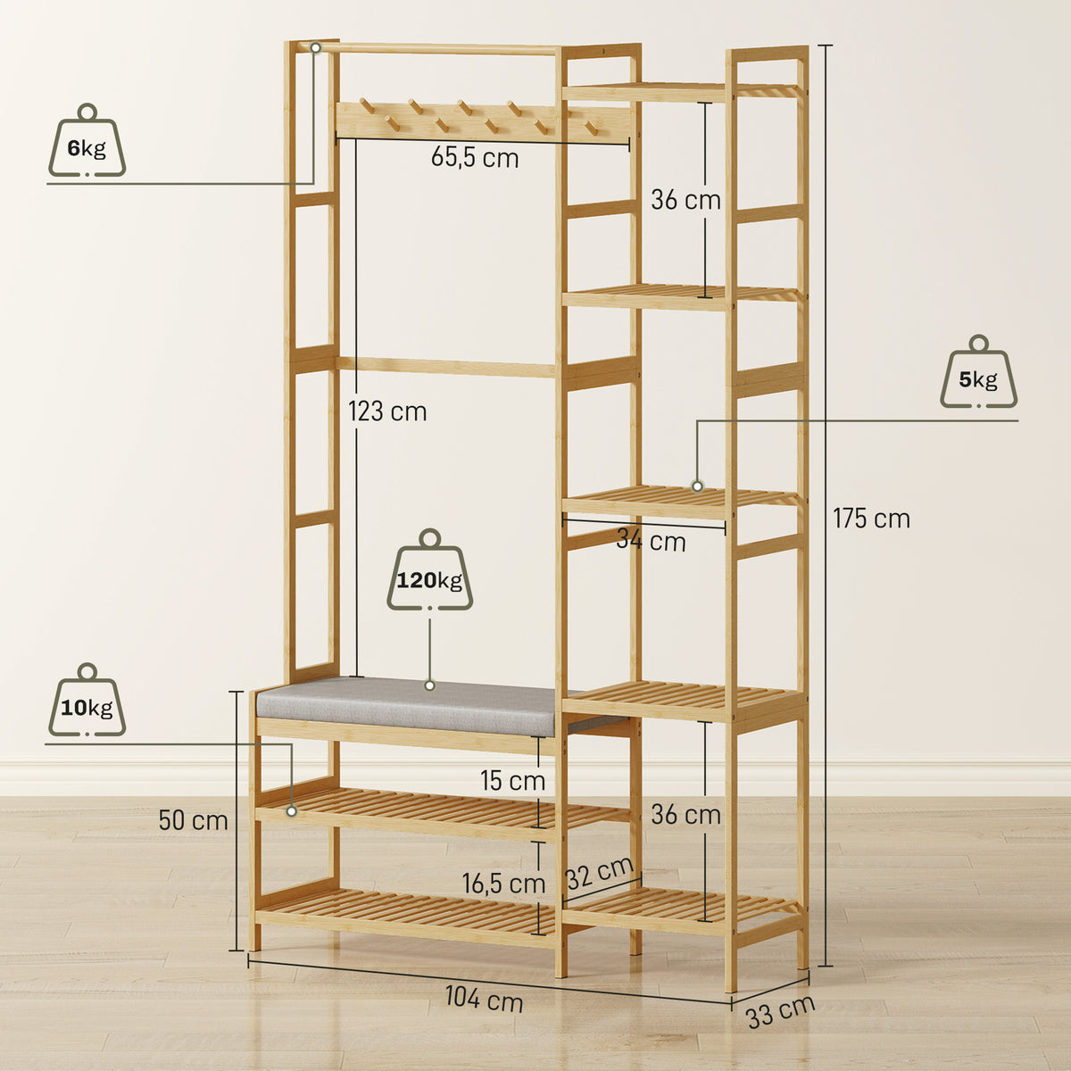 Bamboe halmeubel, kapstok, bank, gestoffeerde zitting, 10 haken, kledingroede, 104x33x175cm, naturel