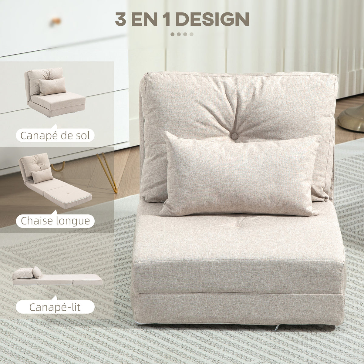 Chauffeuse canapé-lit convertible fauteuil 1 place avec 1 coussin avec dossier réglable, beige