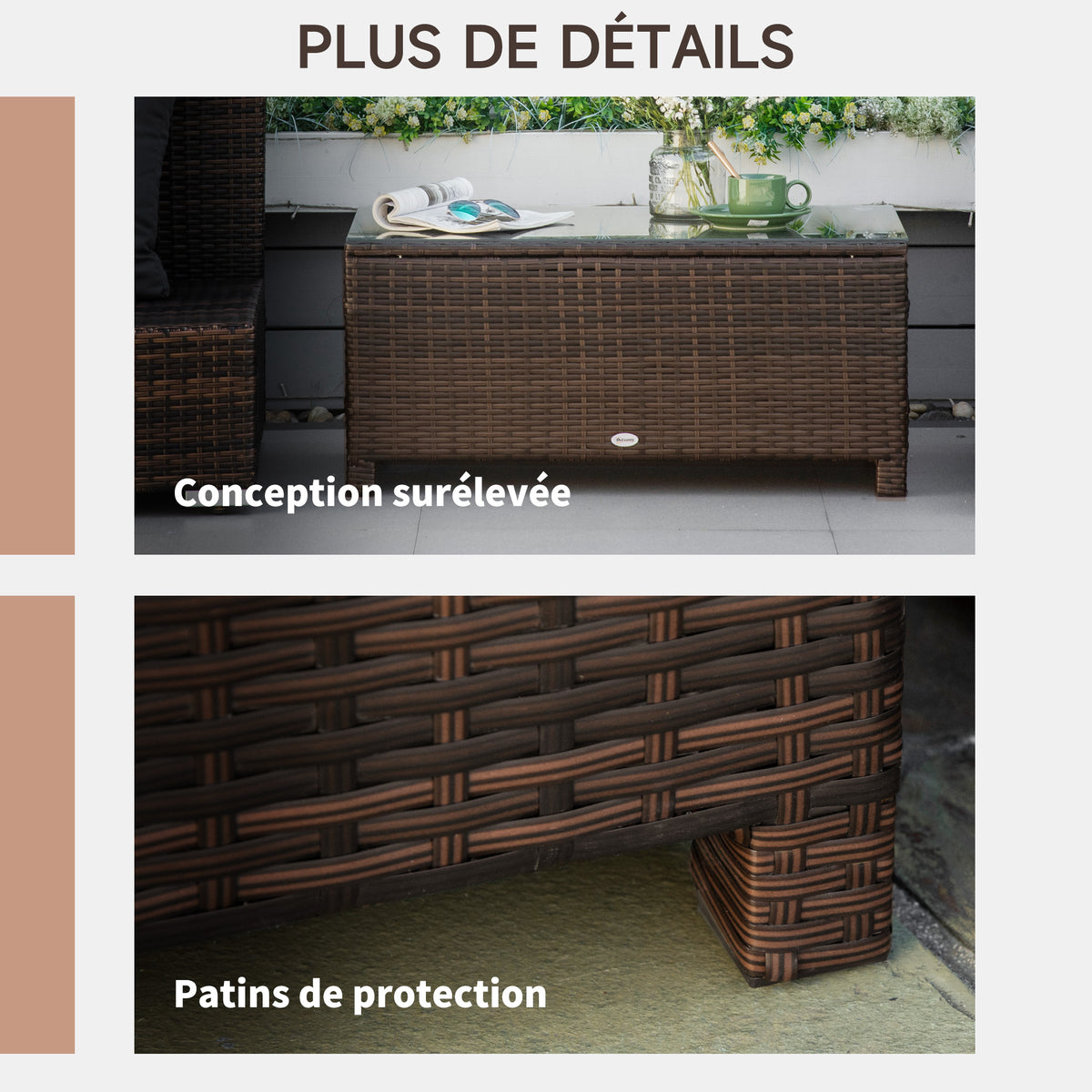 Table Basse de Jardin Plateau Verre trempé 5 mm rotin tressé 85 x 50 x 39cm Max. 50 kg Marron