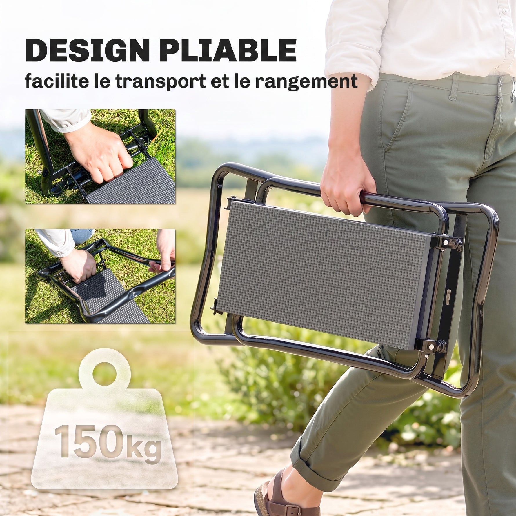 Tabouret de Jardin Pliable 2 en 1, Coussin en Mousse EVA et 4 Poches à Outils Amovible, Charge 150kg, 58x28x49cm, Gris