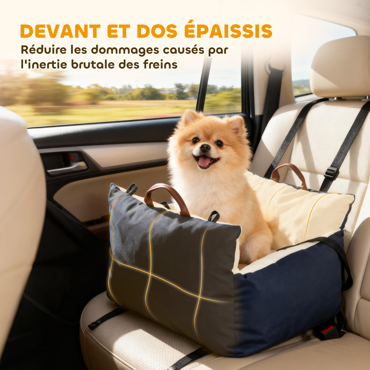 Siège auto pour chien avec ceinture de sécurité et fixation siège de voiture pour chien rembourré 49x53x36cm bleu marine