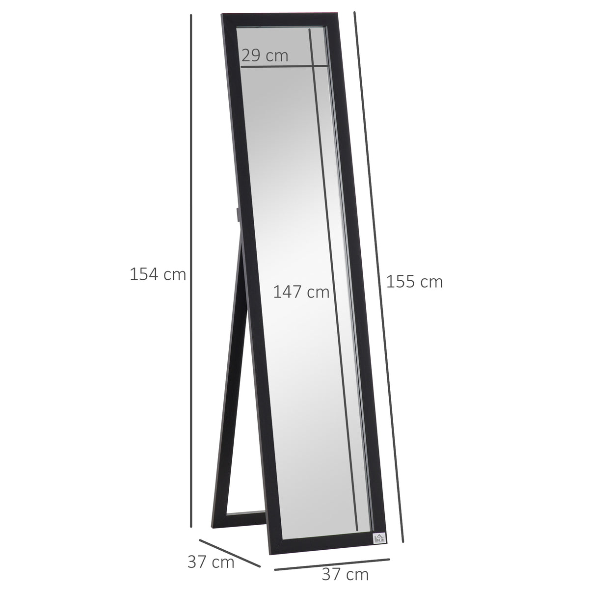 Miroir sur Pied et Mural Rectangulaire, Miroir de Sol Pleine Longueur pour Dressing, Chambre, Salon, 37 x 37 x 154 cm, Noir