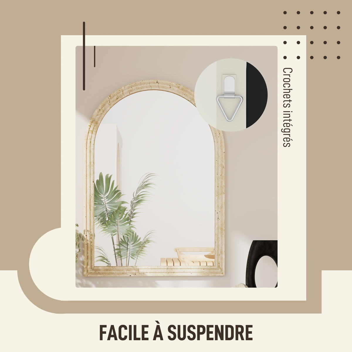 Miroir mural arqué, miroir moderne avec bord rainuré et crochets, verre trempé et polystyrène, 50 x 70 cm, beige