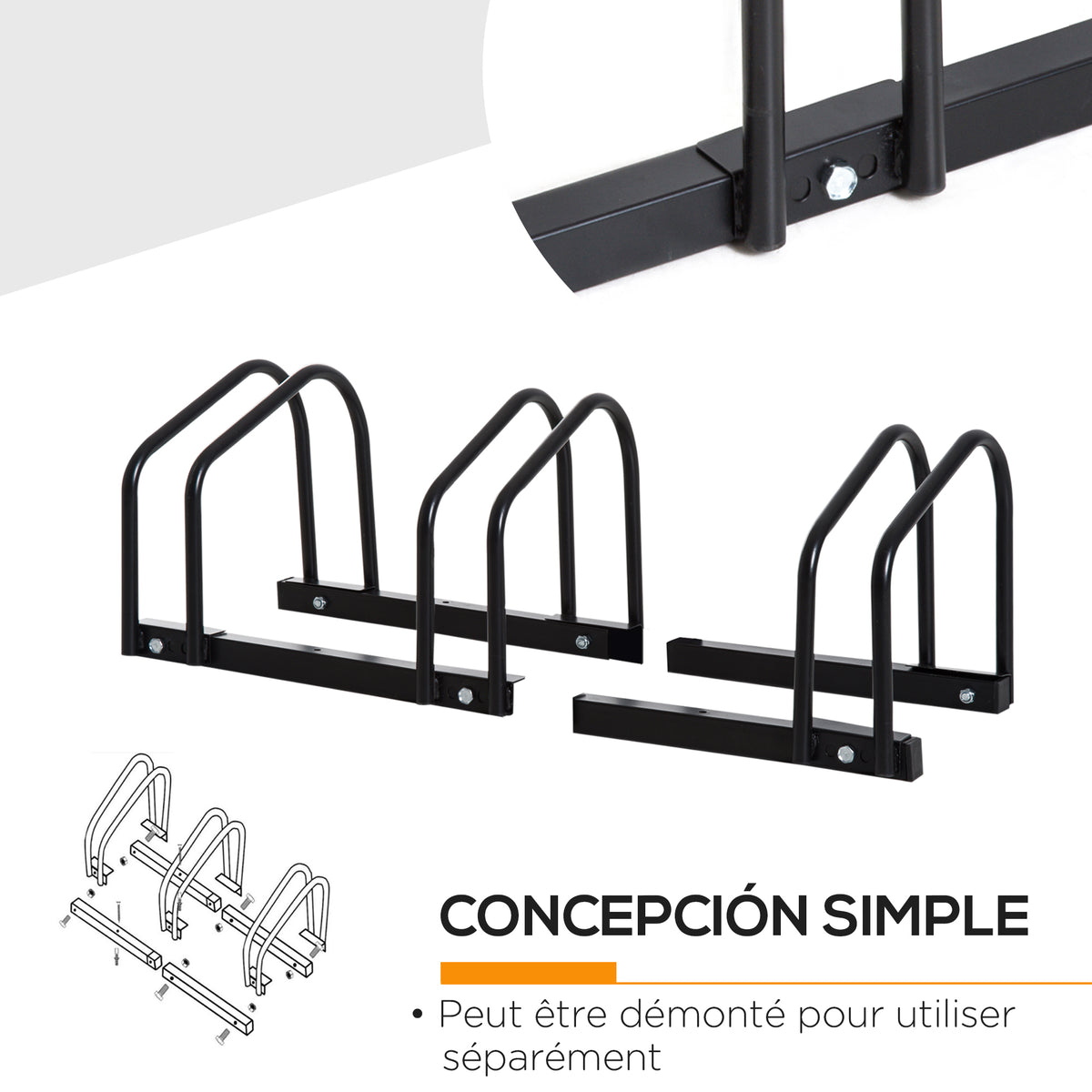 Râtelier 3 vélos -  - rangement pneu 65 mm sol ou mural - pour VTT enfants BMX - 76 x 33 x 27 cm - acier - noir