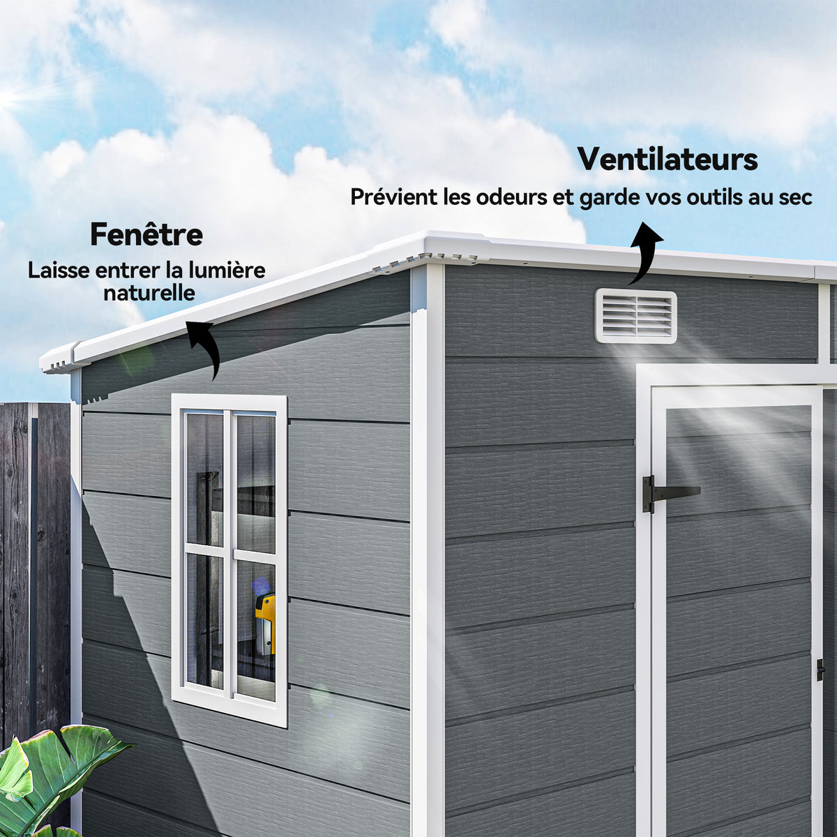 Tuinhuisje voor buiten 2,4 x 1,3 m, van kunststof met vloer, raam, afsluitbare deuren en ventilatie, grijs