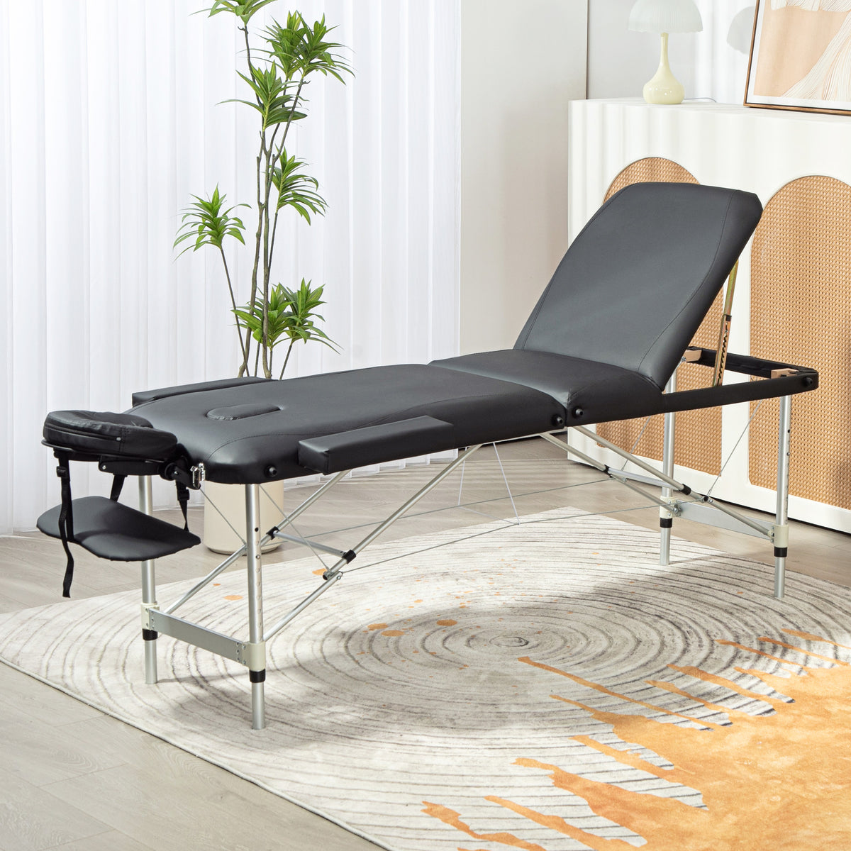 Inklapbare 3-zone massagetafel, draagvermogen 225 kg, afgeronde hoeken, hoogte 61-84 cm, 215x81 cm, zwart