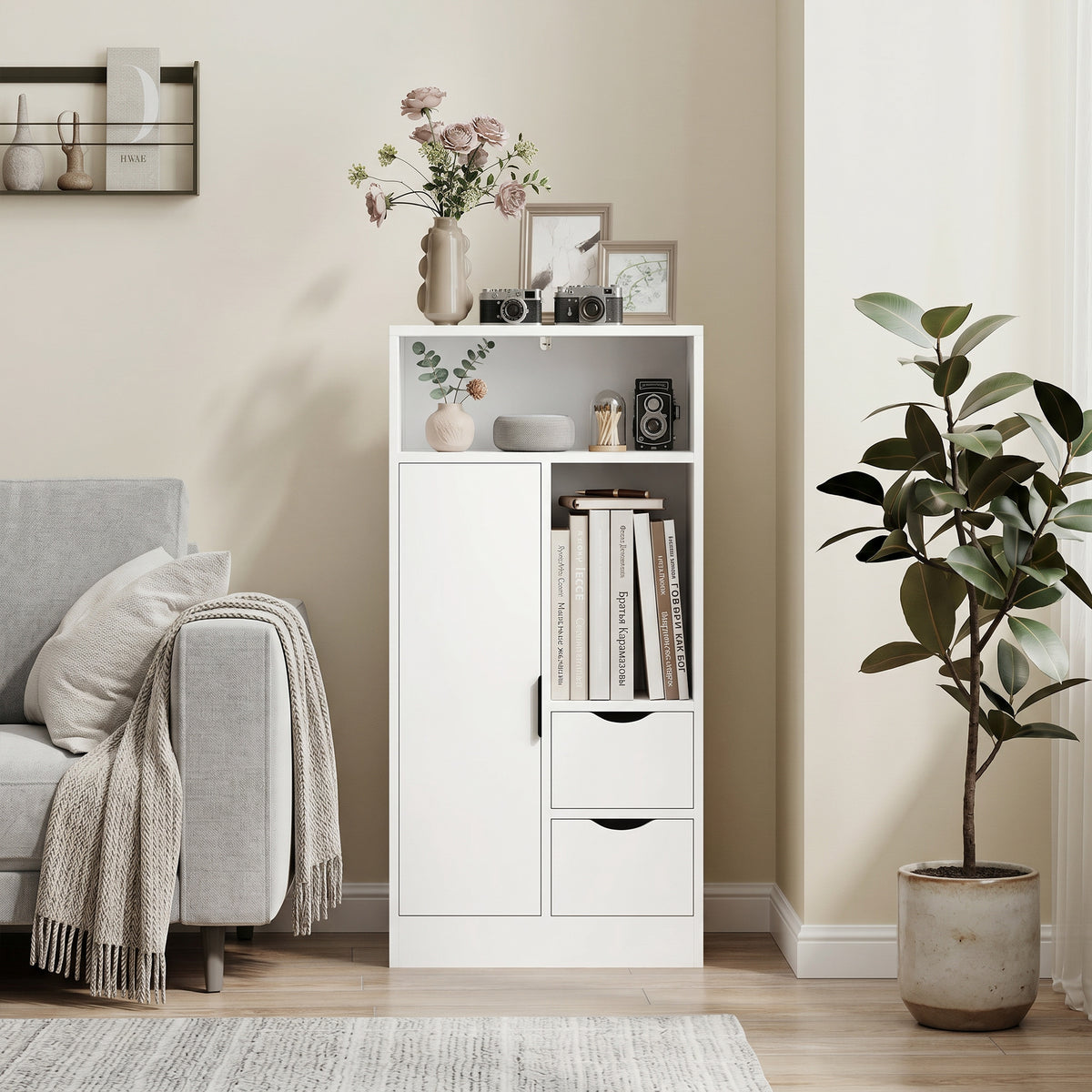 Mobiletto da bagno, mobile contenitore stretto con 2 cassetti, scomparti a giorno, 50x25x100cm, bianco