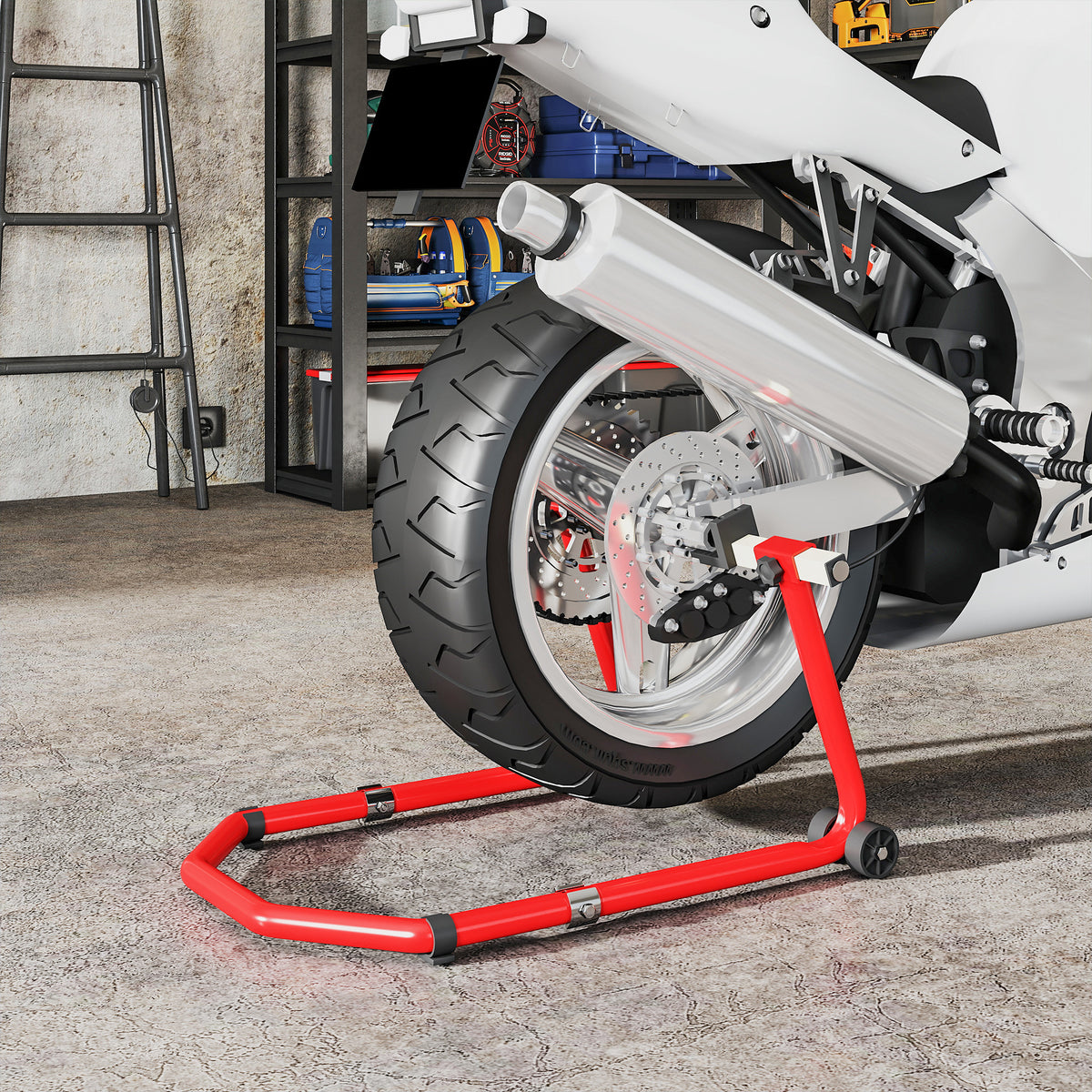 Béquille roue avant arrière charge 390kg béquille d'atelier moto bras réglable en acier, fourche en forme de U + L rouge