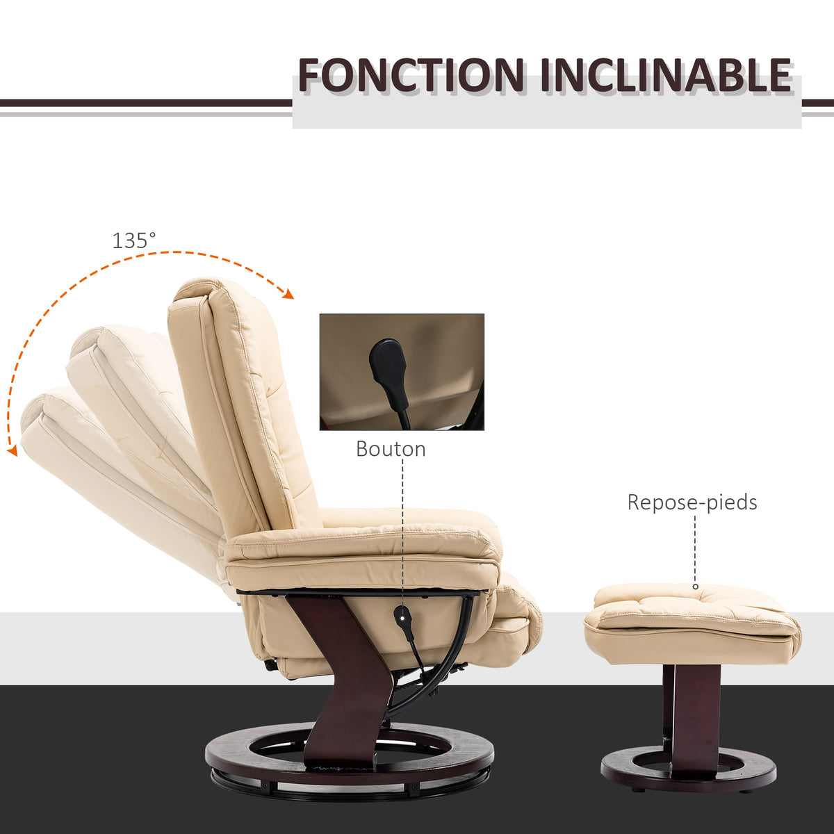 Fauteuil relax inclinable 135° grand confort pivotant 360° avec repose-pieds revêtement PU beige