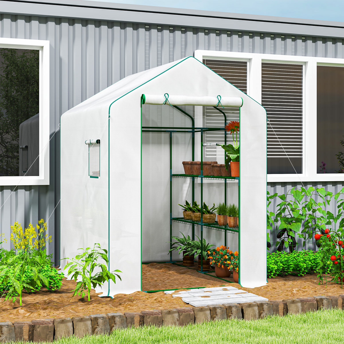 Serre de jardin avec 1 porte 2 fenêtres étagères 3 niveaux pour Légumes Plantes Fleurs Bâche PE 140 x 143 x 190 cm blanc