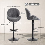 Lot de 2 Tabourets de Bar, Hauteur Réglable, Pivotant 360°, Siège Rembourré, Dossier et Repose-pieds, Gris