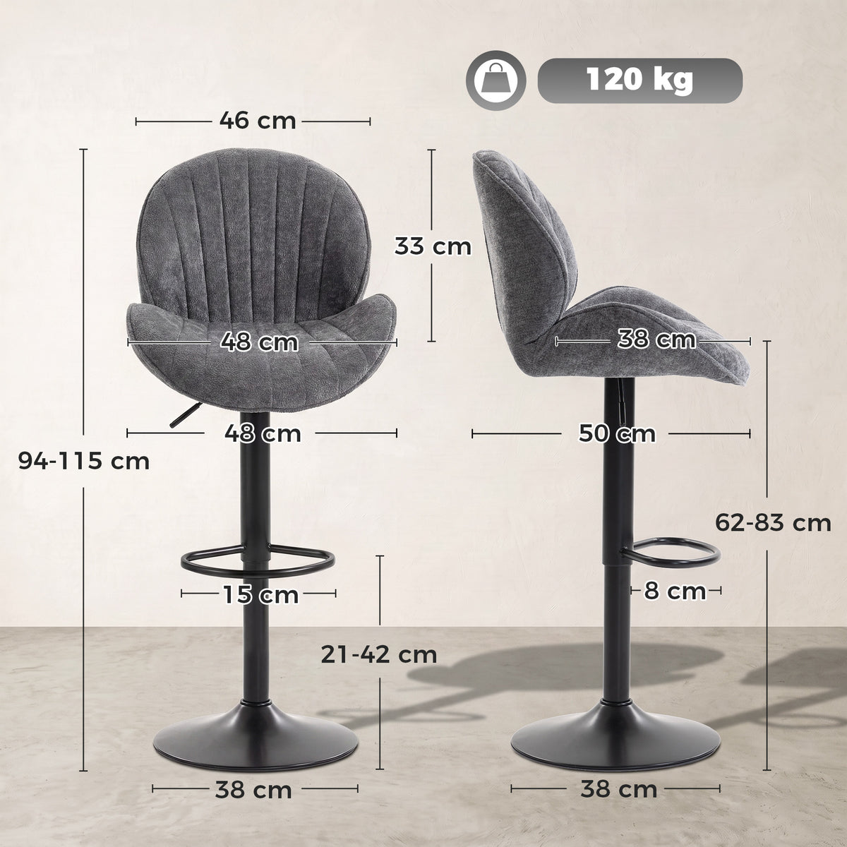 Lot de 2 Tabourets de Bar, Hauteur Réglable, Pivotant 360°, Siège Rembourré, Dossier et Repose-pieds, Gris