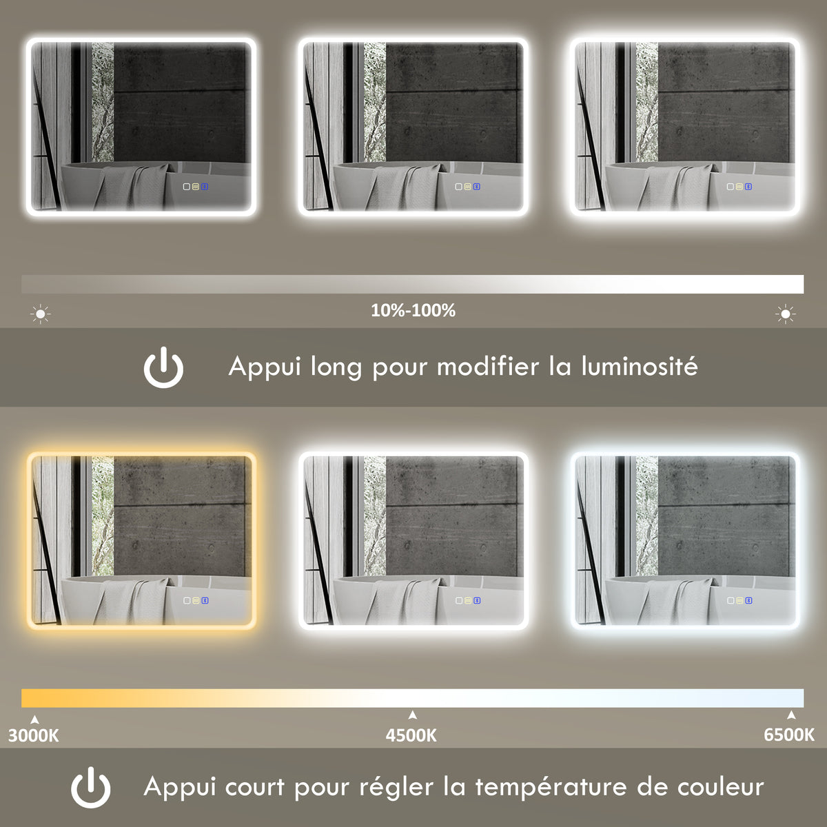 Miroir salle de bain LED bluetooth 70 x 90 cm interrupteur tactile lumière réglable 3 couleurs anti-buée mémoire argent