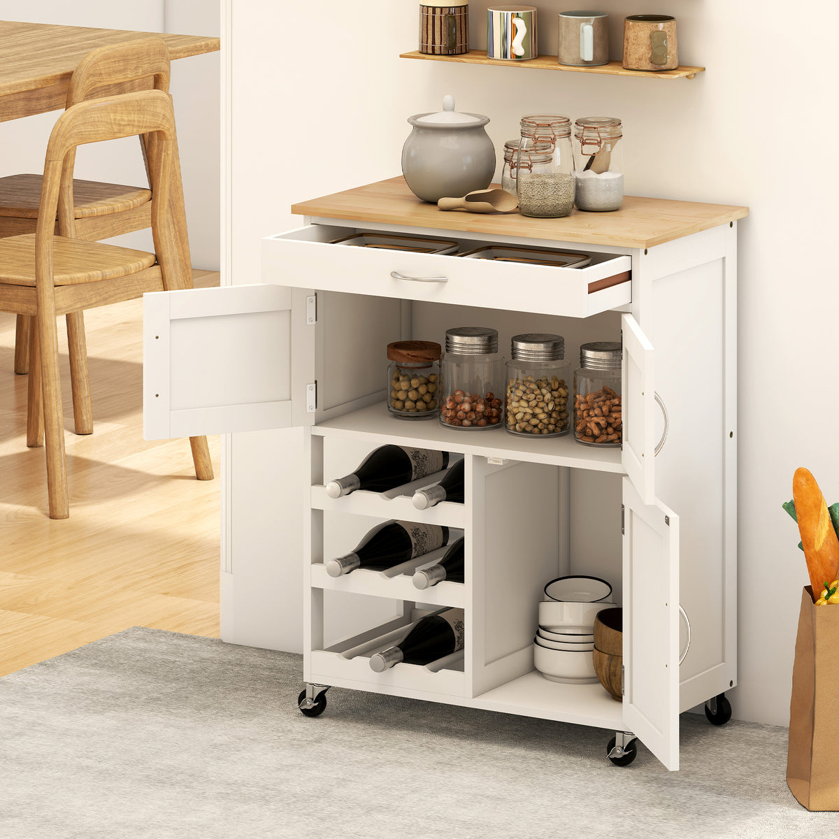 Carrello da cucina multi-ripiano, 2 armadietti, cassetto, portabottiglie da 9 posti, MDF bianco, piano in legno di gomma