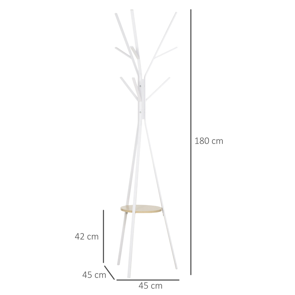 Porte-manteau trépied design contemporain branches étagère + 9 patères dim. 45L x 45l x 180H cm métal blanc