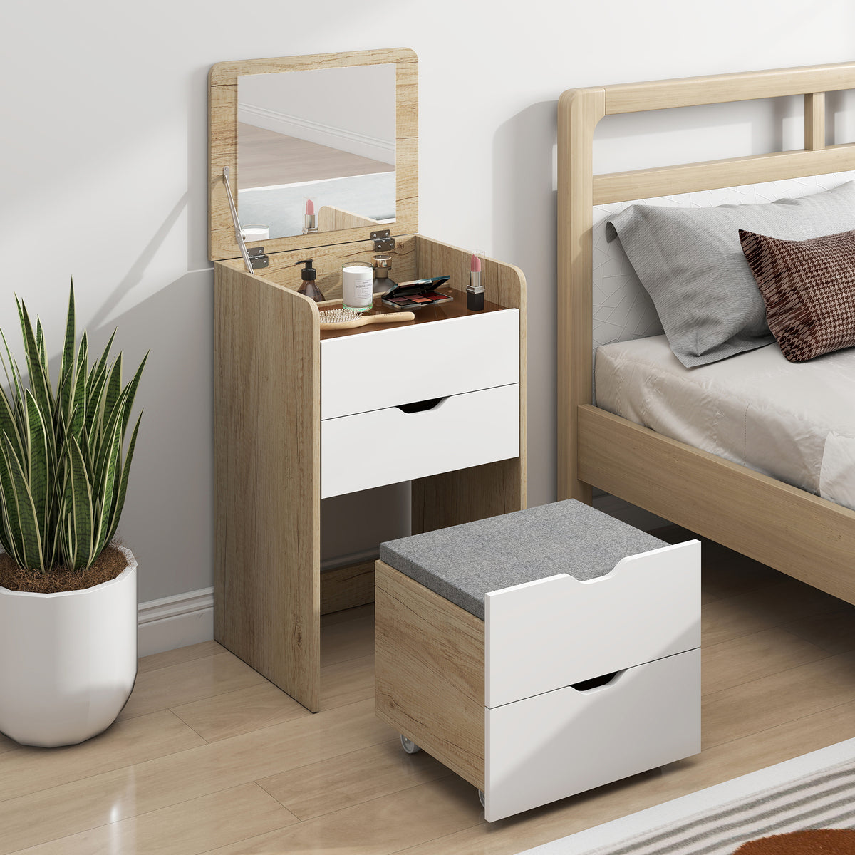 Dressing table with flip-top mirror and storage stool, makeup table, 2 drawers, padded seat, white oak