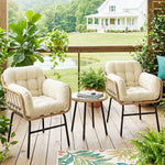 Salon de Jardin Extérieur 3 Pièces en Résine Tressée, Table en Verre Trempé, 2 Fauteuils avec Coussins, 62x73x79cm, Crème