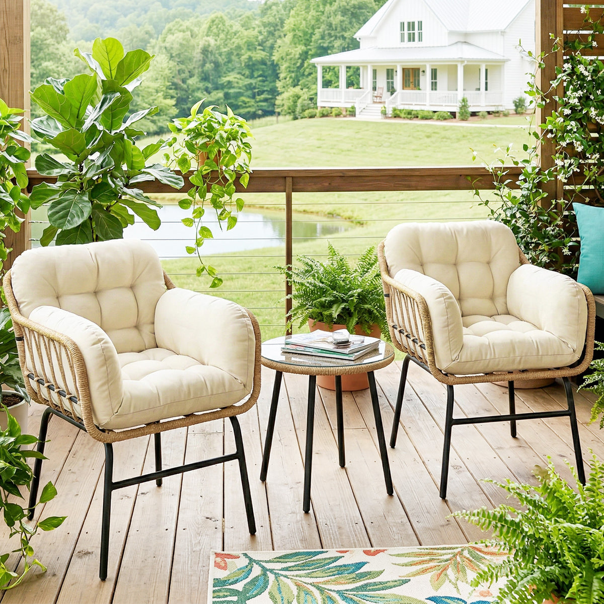 Salon de Jardin Extérieur 3 Pièces en Résine Tressée, Table en Verre Trempé, 2 Fauteuils avec Coussins, 62x73x79cm, Crème