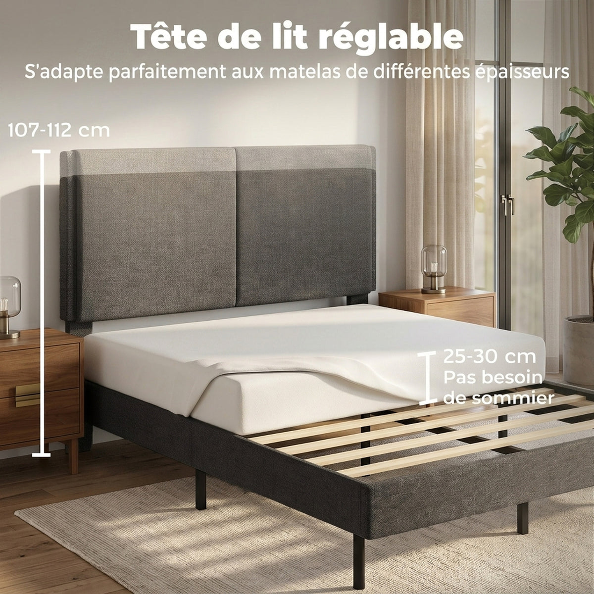 Estructura de cama de 140 x 190 cm con somier y cabecero ajustable, cama doble tapizada en lino, almacenamiento inferior, gris