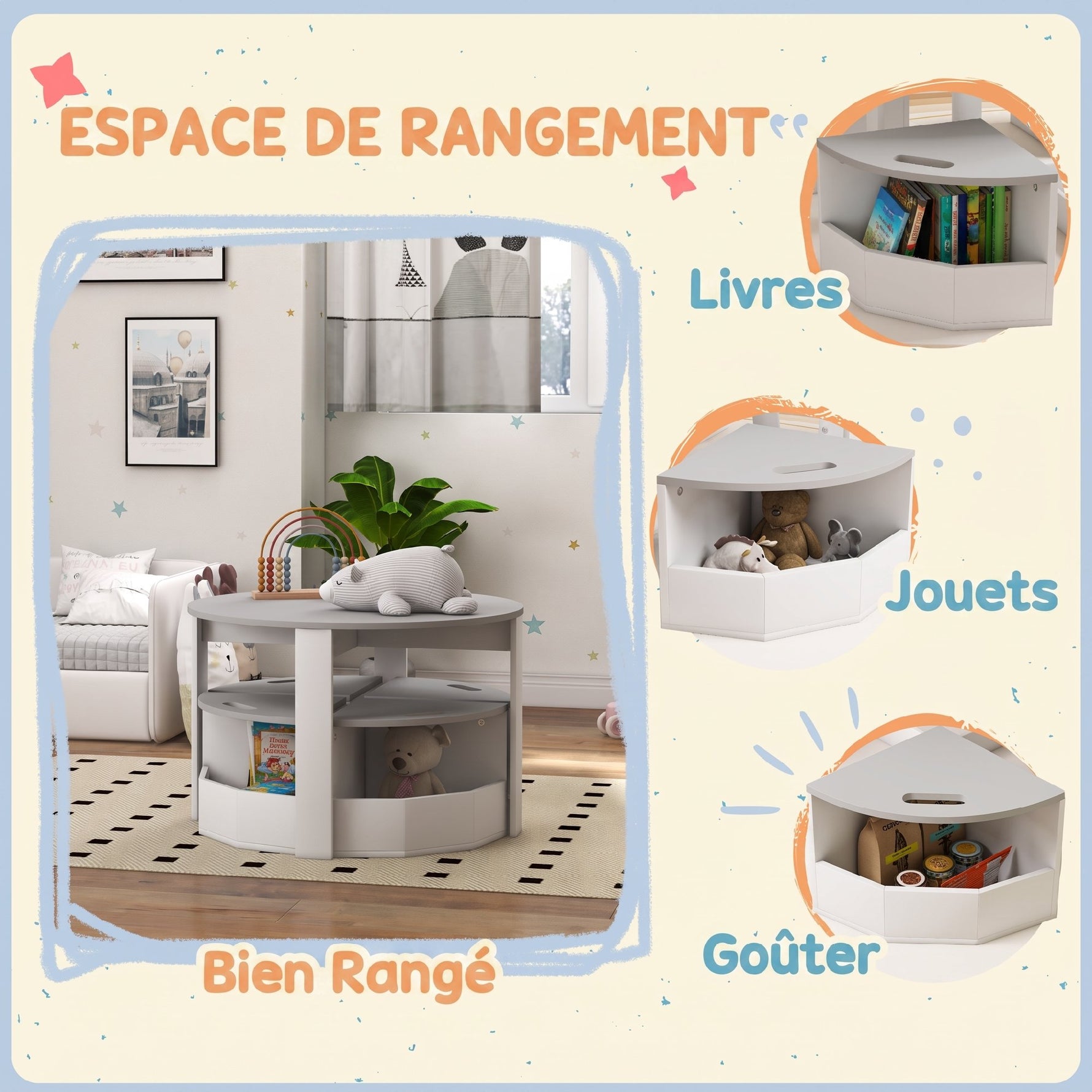 Table Enfant avec 4 Chaises 5 Pièces avec Rangement, Cadeau pour Fille Garçon 3-8 Ans, Ø 78 x 49 cm, Gris