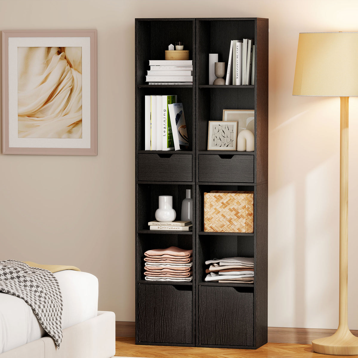 Libreria, scaffale per libri, mobile contenitore con cassetto, armadietto e scomparti a giorno, 30 x 24 x 158 cm, nero