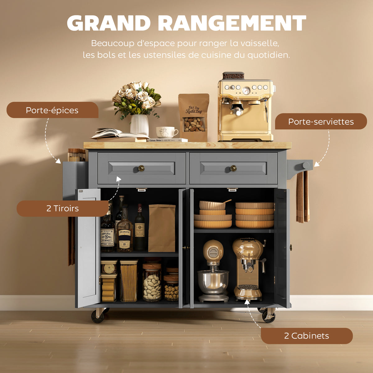 Desserte ilôt de cuisine multi rangements 2 tiroirs 2 placard 2 portes avec étagère range-bouteille